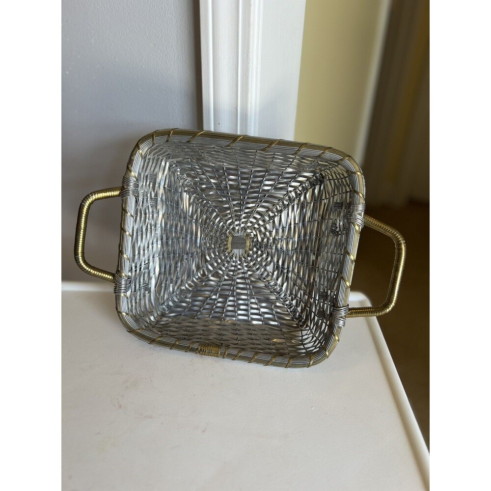 Vintage Silver Gold Two Tone Wire Woven Metal Basket 2 Handles 9x9 Inside Square